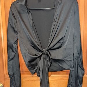 Windsor Black Long Sleeve Tie Front Crop Blouse